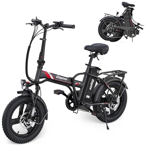 Gopina Folding V1 Electric Bike, 16" x 3.0 Fat Tire Electric Bike for Adults, 350W Folding Electric Bike with 48V Removable Battery, 20MPH, 7-Speed Folding Electric...