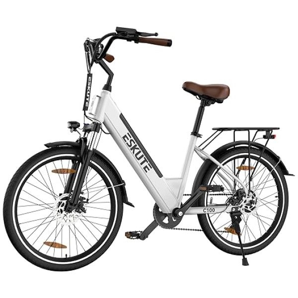 ESKUTE C100 Electric Bike 26”, 350W Brushless Motor, Top Speed 20MPH, 375Wh Removable Battery, Electric City Bike with Suspension Fork, Adult...