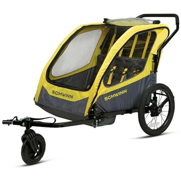 Schwinn Willow River Double Trailer with Stroller Kit and Aluminum Frame Design for Bike Child Carrier Trailers, Yellow and Black