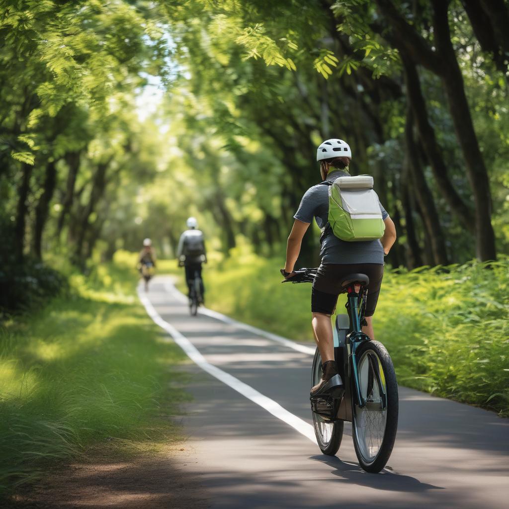 A serene landscape featuring an e-bike rider wearing a helmet and safety gear, riding along a bike path surrounded by lush greenery. The scene emphasizes safety with a focused expression and visible reflective accessories.