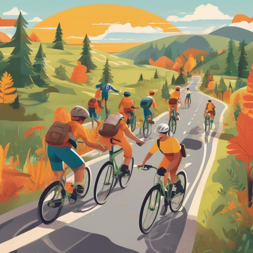 An illustrated bike trail scene with cyclists practicing safety tips like wearing helmets, signaling turns, and sharing the path, portrayed in a vibrant, educational style.