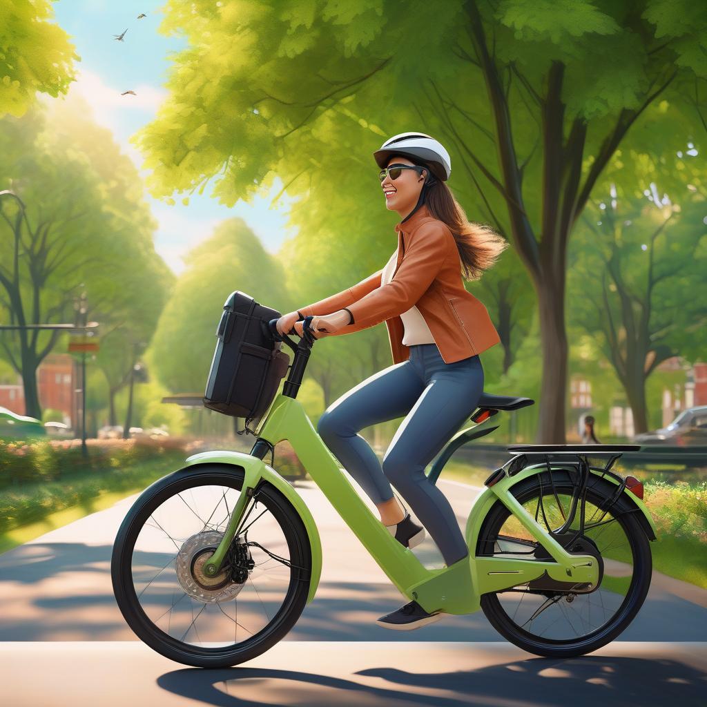 A person joyfully riding an electric bike through a vibrant city park, surrounded by greenery and urban landscapes. The scene captures the contrast between eco-friendly transport and traditional cars, highlighting the benefits of eBikes. Bright sunlight and a feeling of freedom in the air.