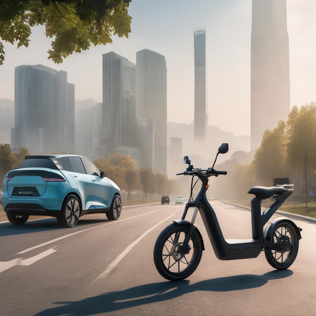 A split image showing an ebike on one side with a natural backdrop and an ICE car on the other, surrounded by smog and traffic, highlighting the environmental impact.