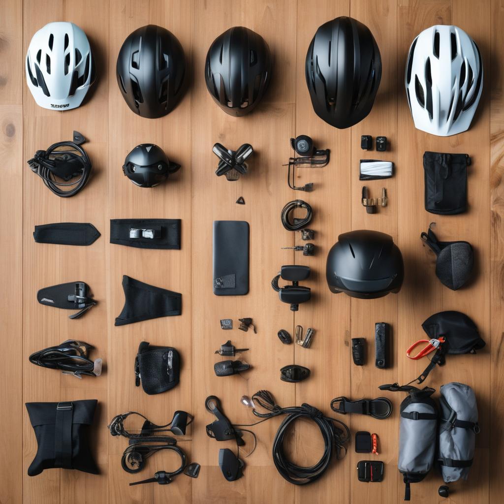 A visually appealing flat lay of top 10 e-bike accessories including helmets, lights, locks, and bags, arranged artistically on a wooden background.