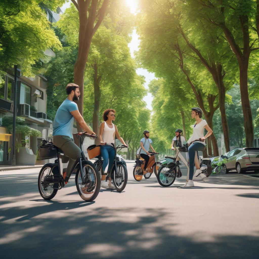 A vibrant scene of modern e-bikes parked on a scenic street surrounded by green trees, showcasing a sustainable urban environment. People in casual attire riding e-bikes, symbolizing eco-friendly transportation.