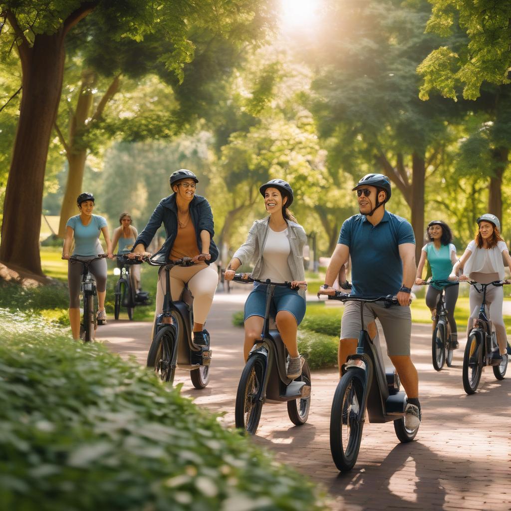 A dynamic scene of diverse individuals riding e-bikes in a scenic park, showcasing fitness and outdoor recreation, vibrant greenery, and bright sunlight.