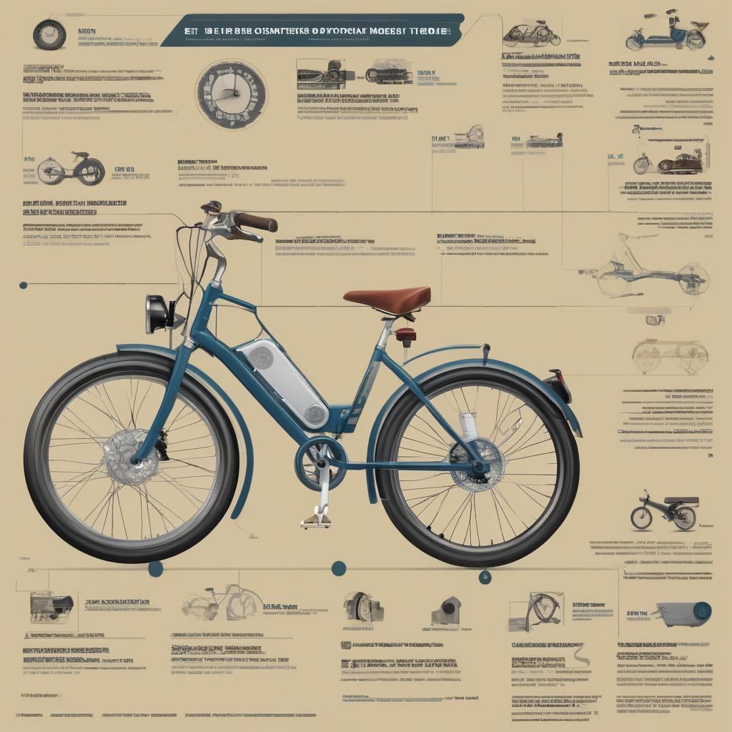 Illustration of a timeline highlighting significant milestones in e-bike history, including prototypes and popular models, set against a historical backdrop.