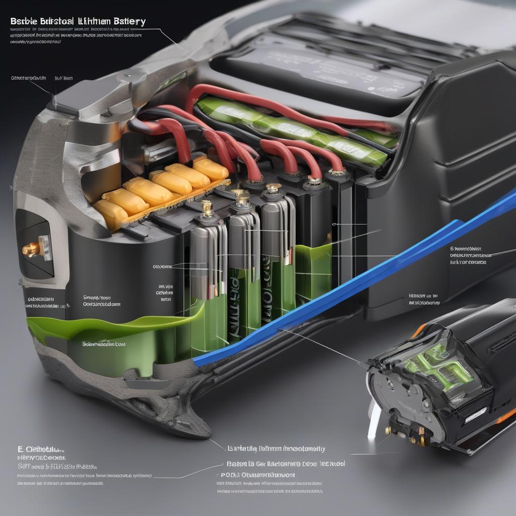 A detailed cross-section of an e-bike battery, highlighting the lithium-ion cells with emphasis on their structure and electrical connections.