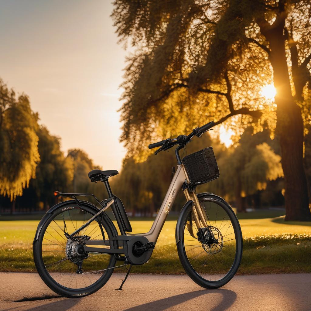 ebike prominently displayed in a picturesque park at sunset, with golden sunlight filtering through the trees