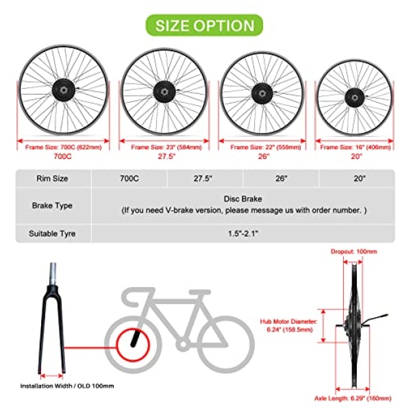 BAFANG 48V 500W Front Hub Motor : Electric Bike Conversion Kit with Battery (Optional) for 20 26 27.5 700C Inch Front Wheel eBike Drive System with... - Image 2