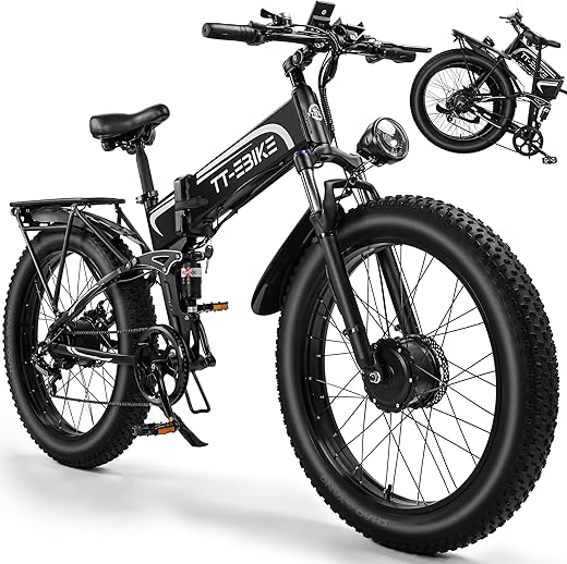 Dual:𝟑𝟎𝟎𝟎𝐖,𝟐𝟎𝟎𝟎/𝟏𝟓𝟎𝟎/𝟏𝟎𝟎𝟎𝐖 Folding Electric Bike Adults with 48V 23/20/17.5AH Battery, 26x4.0 Fat Tire Mountain E Bike, Full Suspension 31-38 MPH, Shim 7-Speed Gear