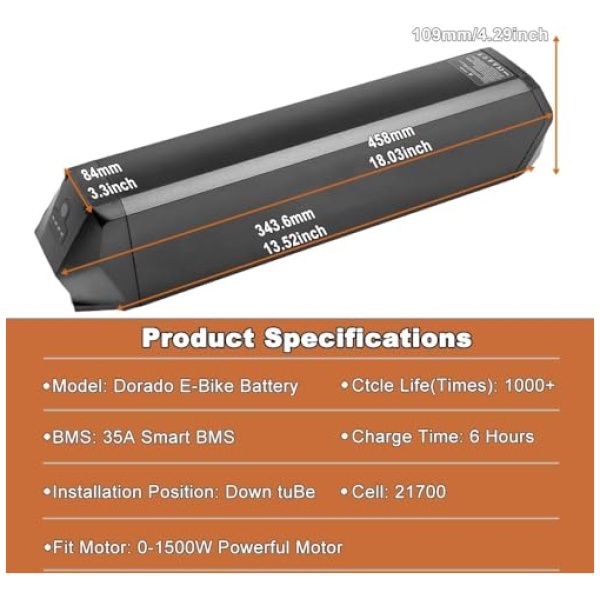 Reention Dorado Ebike Battery, 48v 30Ah Electric Bike Lithium Samsung50E Cell Battery for Motors from 0 to 1500W, with 3A Charger and 35A BMS, Black - Image 4