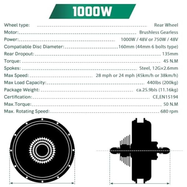 Voilamart Electric Bicycle Wheel Kit 26" Hub Motor Wheel 48V 1000W E-Bike Conversion Kit Cycling Hub Motor with Intelligent Controller and PAS... - Image 4